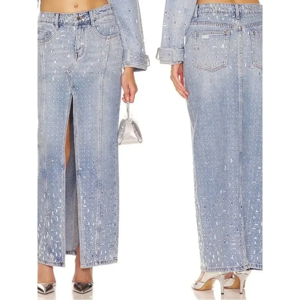 RETROFETE Palermo Sequin Embellished Denim Maxi Skirt Size 32